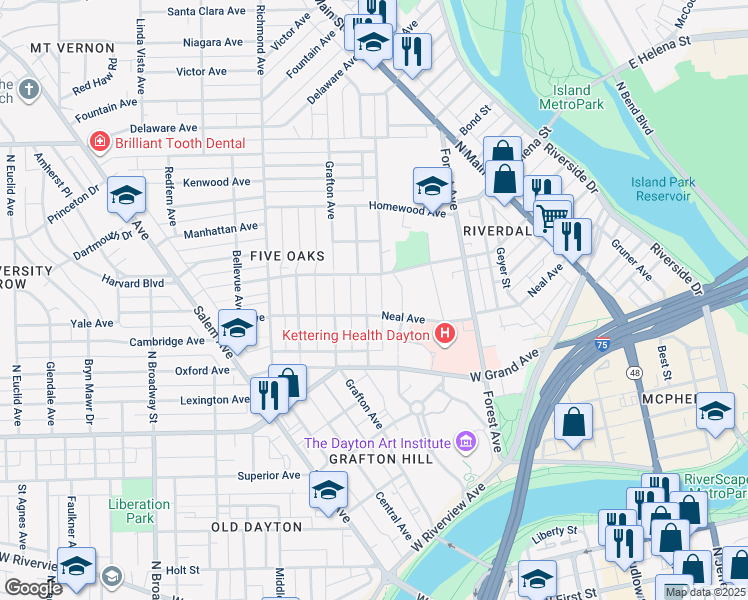 map of restaurants, bars, coffee shops, grocery stores, and more near 102 Rockwood Avenue in Dayton