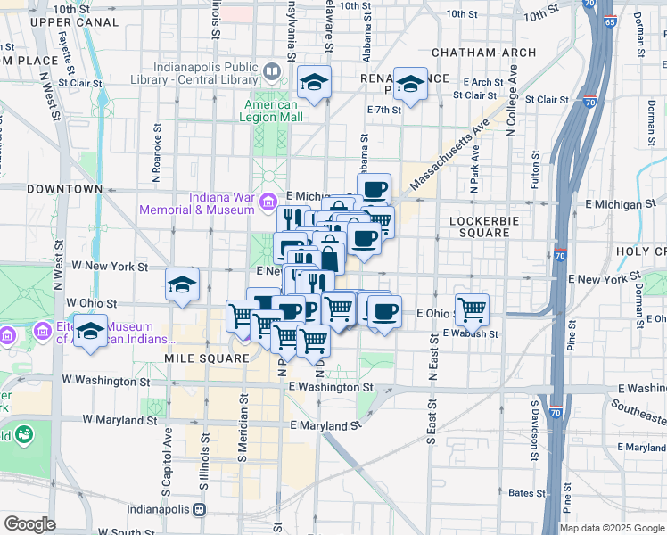 map of restaurants, bars, coffee shops, grocery stores, and more near in Indianapolis