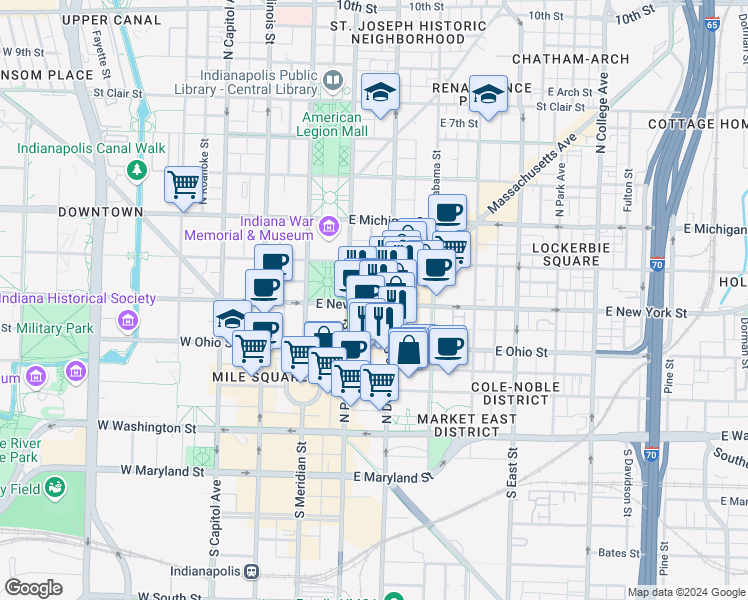 map of restaurants, bars, coffee shops, grocery stores, and more near in Indianapolis