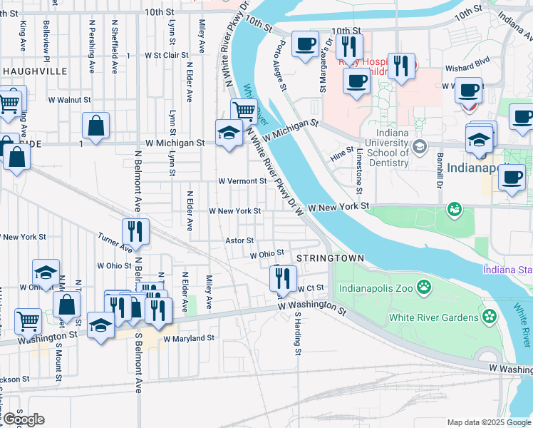 map of restaurants, bars, coffee shops, grocery stores, and more near 1530 Saulcy Street in Indianapolis