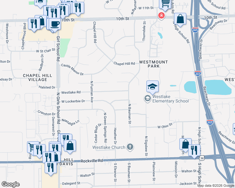 map of restaurants, bars, coffee shops, grocery stores, and more near 6904 West Lockerbie Drive in Indianapolis