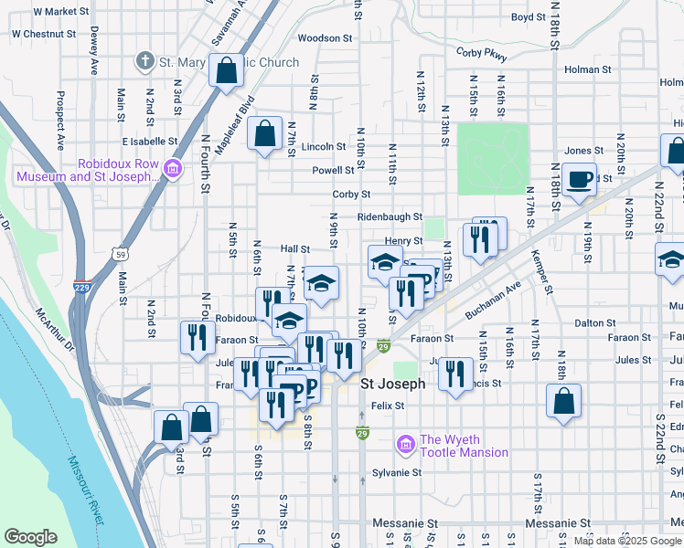 map of restaurants, bars, coffee shops, grocery stores, and more near 608 North 9th Street in Saint Joseph