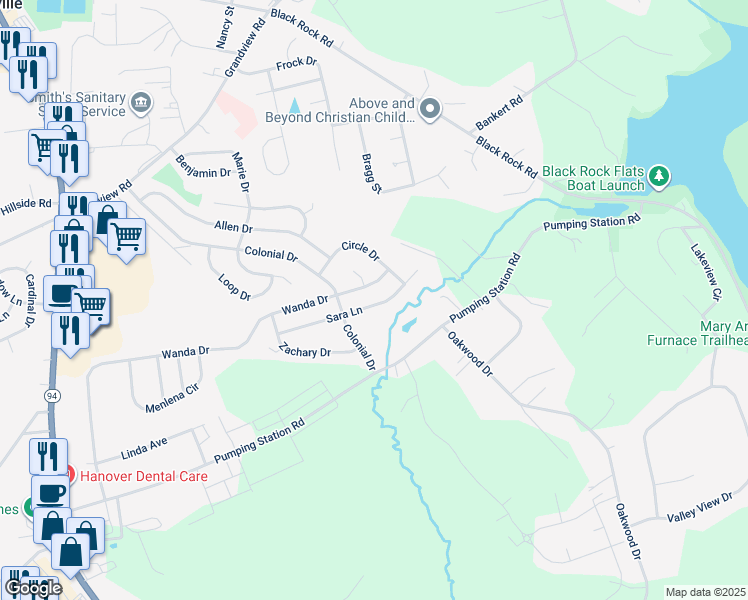 map of restaurants, bars, coffee shops, grocery stores, and more near 130 Sara Lane in Hanover