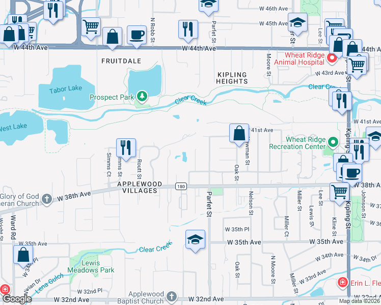map of restaurants, bars, coffee shops, grocery stores, and more near 3905 Pierson Street in Wheat Ridge