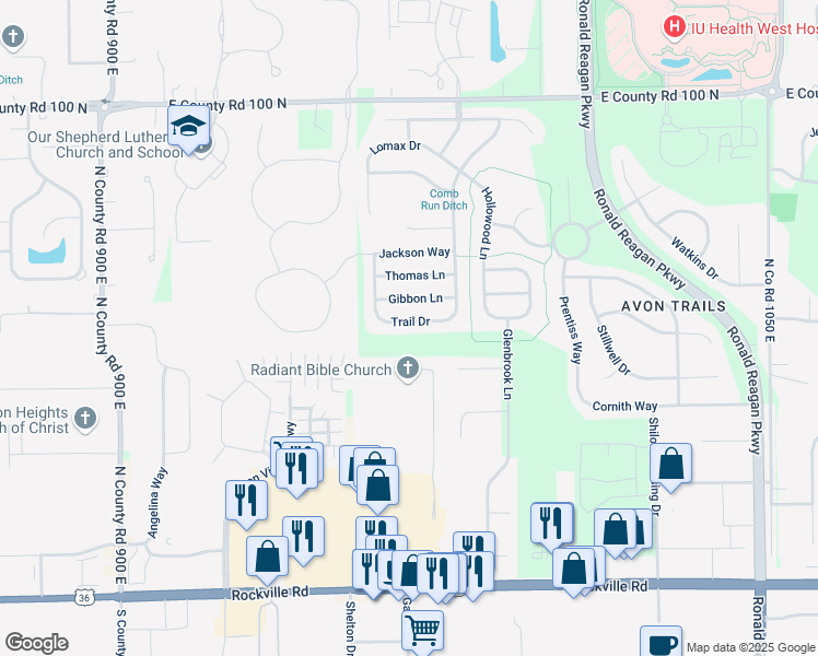 map of restaurants, bars, coffee shops, grocery stores, and more near 9713 Trail Drive in Avon