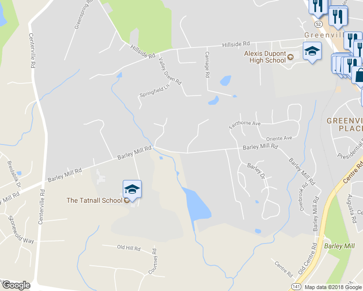 map of restaurants, bars, coffee shops, grocery stores, and more near 10 Barley Mill Drive in Wilmington