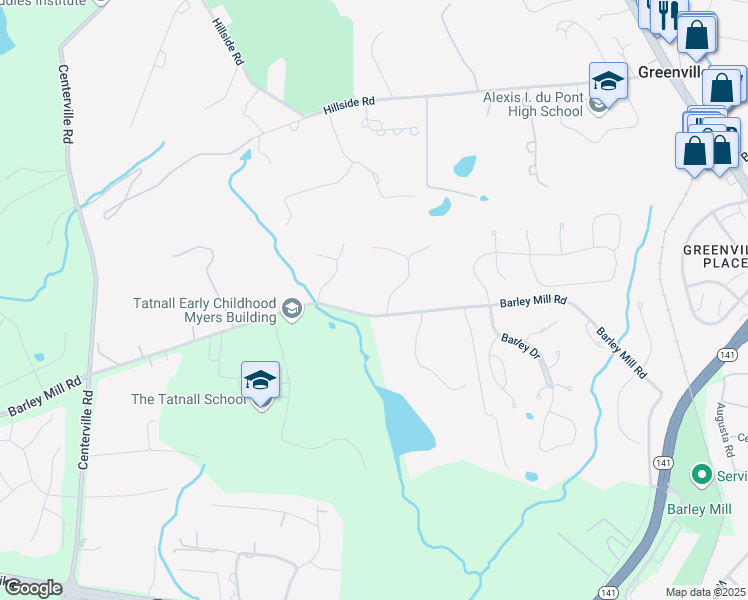 map of restaurants, bars, coffee shops, grocery stores, and more near 10 Barley Mill Drive in Wilmington