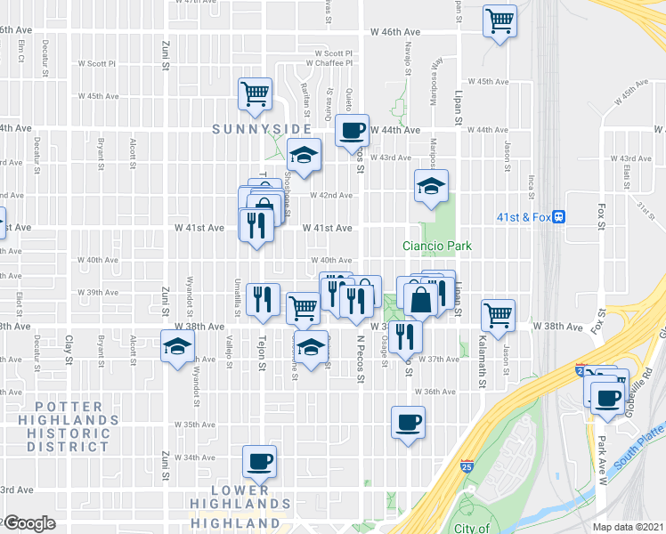 map of restaurants, bars, coffee shops, grocery stores, and more near 1756 West 40th Avenue in Denver