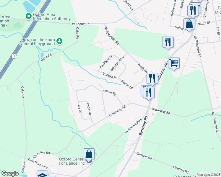 map of restaurants, bars, coffee shops, grocery stores, and more near 134 Tweed Road in Oxford