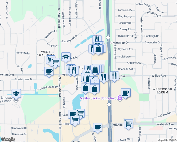 map of restaurants, bars, coffee shops, grocery stores, and more near 2451 West White Oaks Drive in Springfield