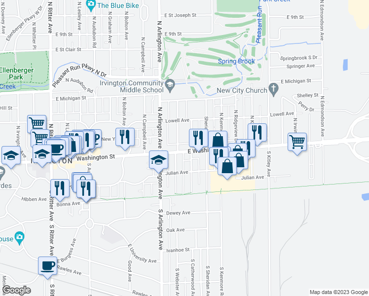 map of restaurants, bars, coffee shops, grocery stores, and more near 6052 East Washington Street in Indianapolis