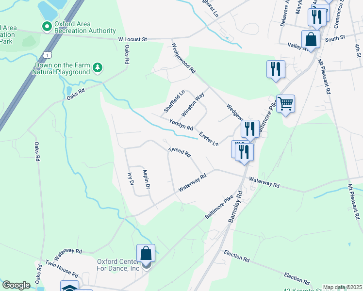 map of restaurants, bars, coffee shops, grocery stores, and more near 134 Tweed Road in Oxford