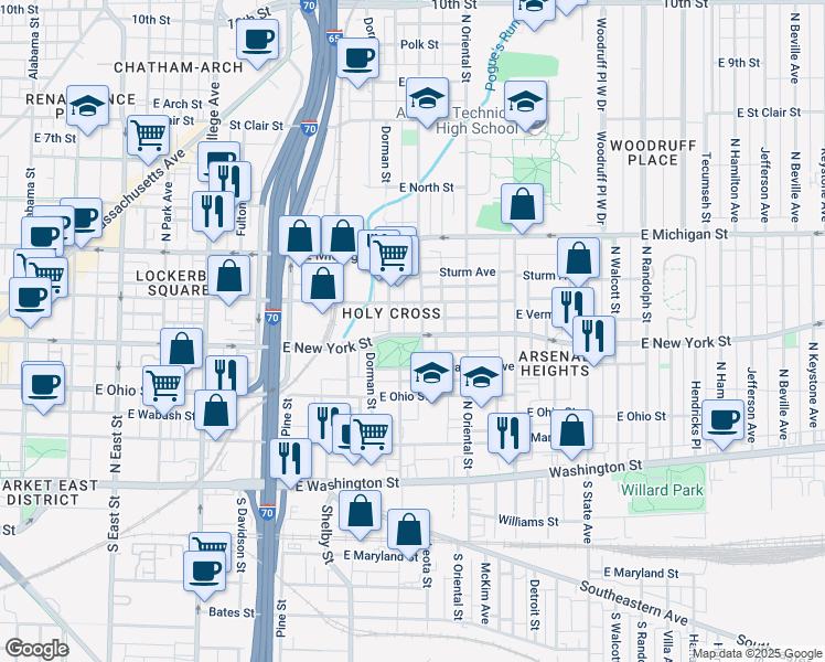 map of restaurants, bars, coffee shops, grocery stores, and more near in Indianapolis