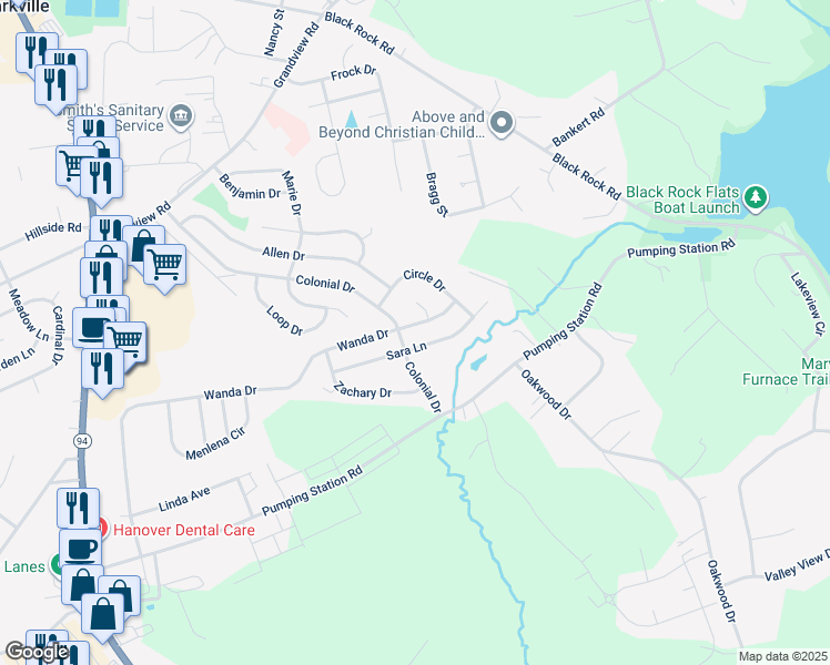 map of restaurants, bars, coffee shops, grocery stores, and more near 1240 Wanda Drive in Hanover