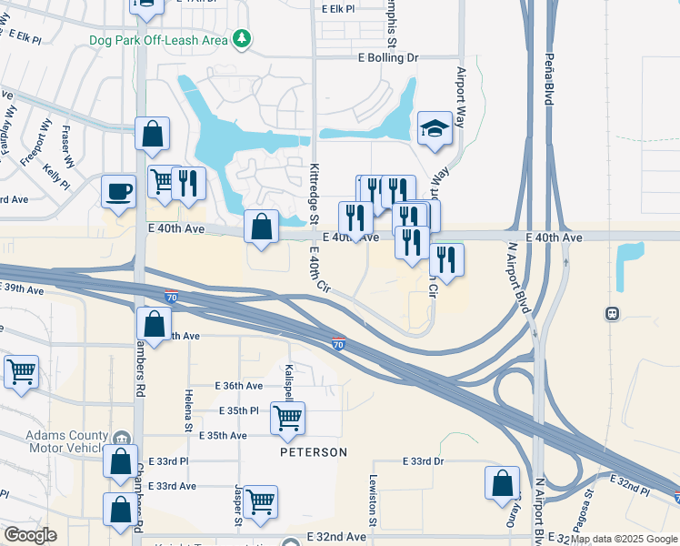 map of restaurants, bars, coffee shops, grocery stores, and more near 3855 North Lewiston Street in Aurora