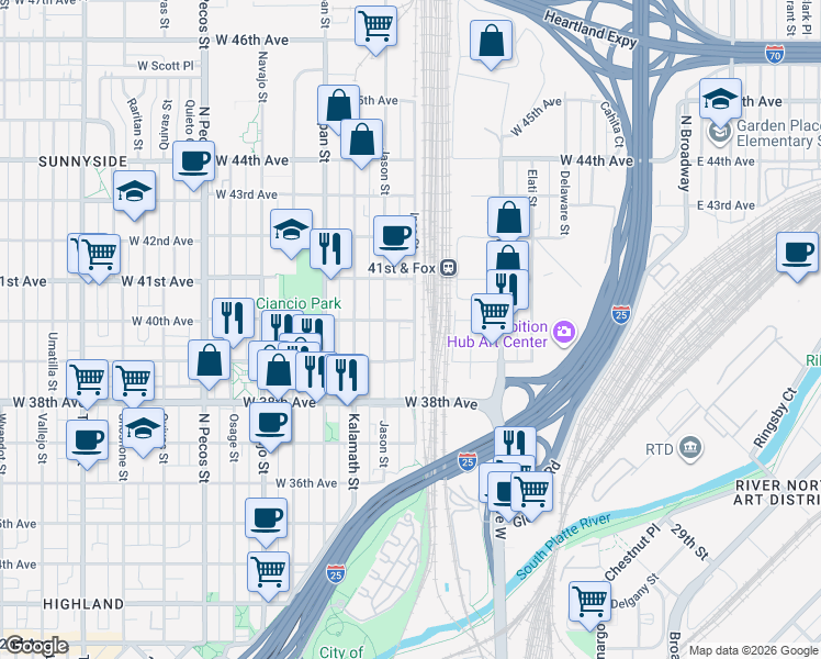 map of restaurants, bars, coffee shops, grocery stores, and more near 3931a Inca Street in Denver