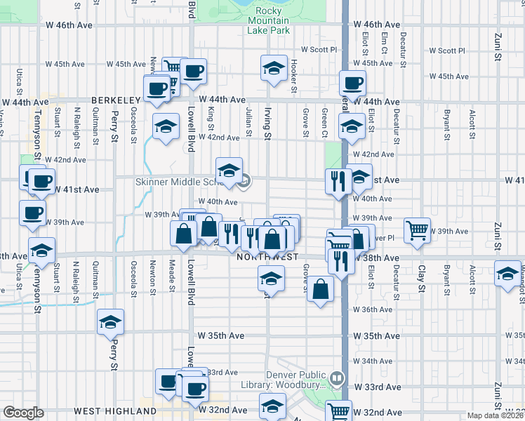 map of restaurants, bars, coffee shops, grocery stores, and more near 3917 Irving Street in Denver