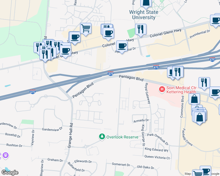 map of restaurants, bars, coffee shops, grocery stores, and more near 3775 Pentagon Boulevard in Dayton