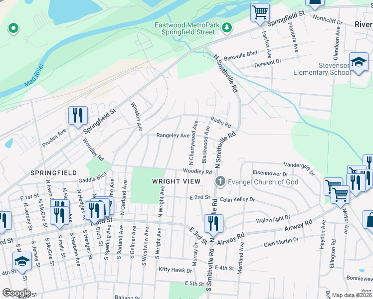 map of restaurants, bars, coffee shops, grocery stores, and more near 228 North Cherrywood Avenue in Dayton