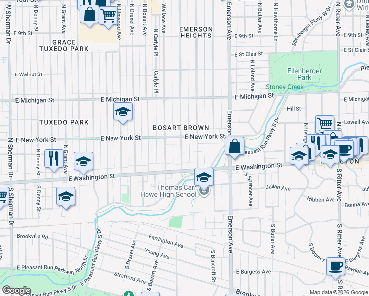 map of restaurants, bars, coffee shops, grocery stores, and more near 30 North Riley Avenue in Indianapolis