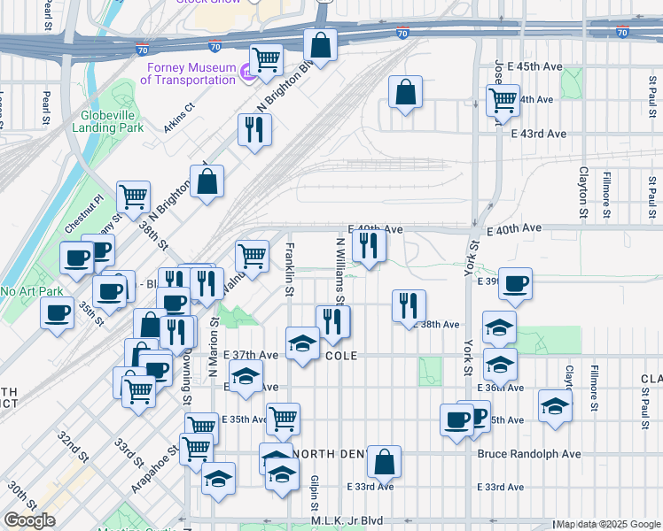 map of restaurants, bars, coffee shops, grocery stores, and more near 3846 Gilpin Street in Denver
