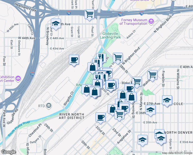map of restaurants, bars, coffee shops, grocery stores, and more near 3508 Delgany Street in Denver