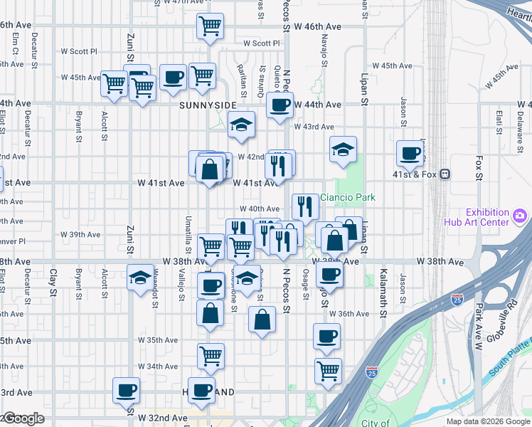 map of restaurants, bars, coffee shops, grocery stores, and more near 3922 Quivas Street in Denver