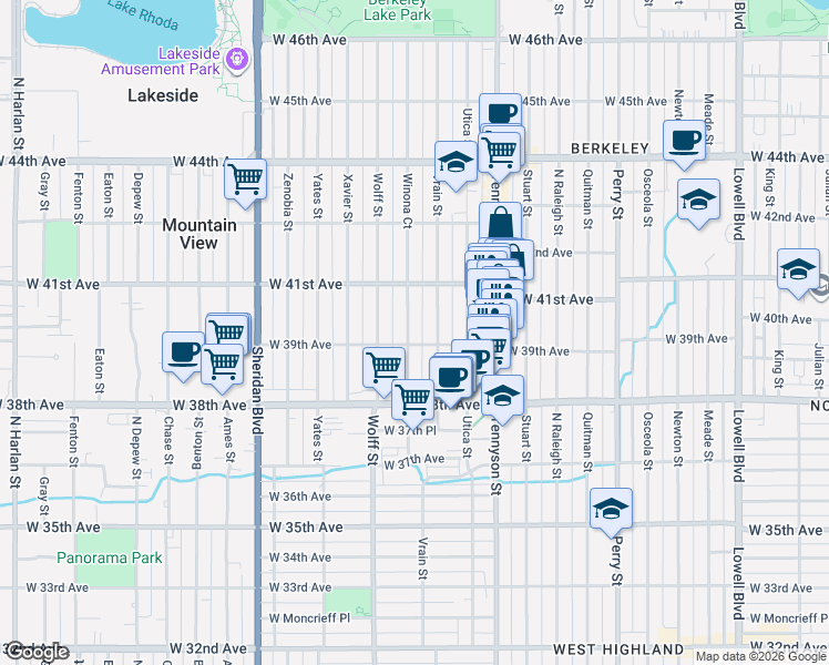 map of restaurants, bars, coffee shops, grocery stores, and more near 3891 Vrain Street in Denver