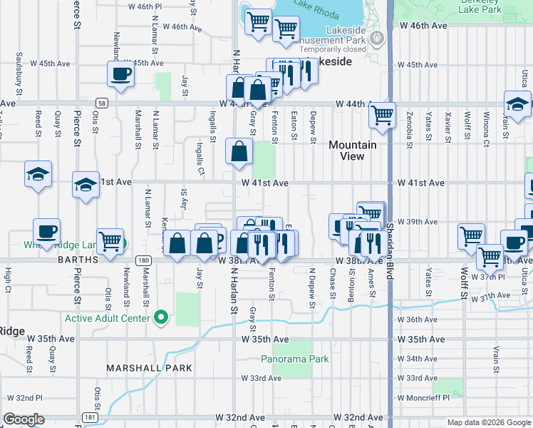 map of restaurants, bars, coffee shops, grocery stores, and more near 3945 Eaton Street in Wheat Ridge