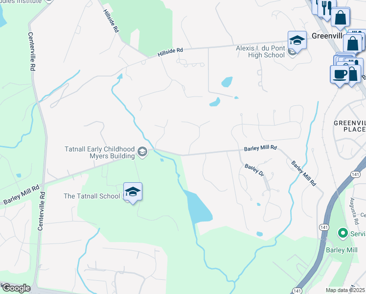 map of restaurants, bars, coffee shops, grocery stores, and more near 10 Barley Mill Drive in Wilmington