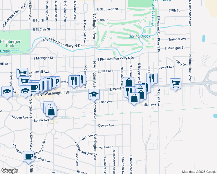 map of restaurants, bars, coffee shops, grocery stores, and more near in Indianapolis