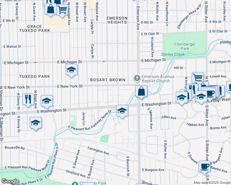 map of restaurants, bars, coffee shops, grocery stores, and more near 30 North Riley Avenue in Indianapolis