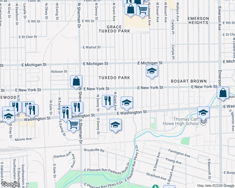 map of restaurants, bars, coffee shops, grocery stores, and more near 49 North Grant Avenue in Indianapolis