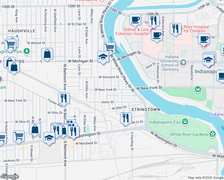 map of restaurants, bars, coffee shops, grocery stores, and more near 254 North Reisner Street in Indianapolis