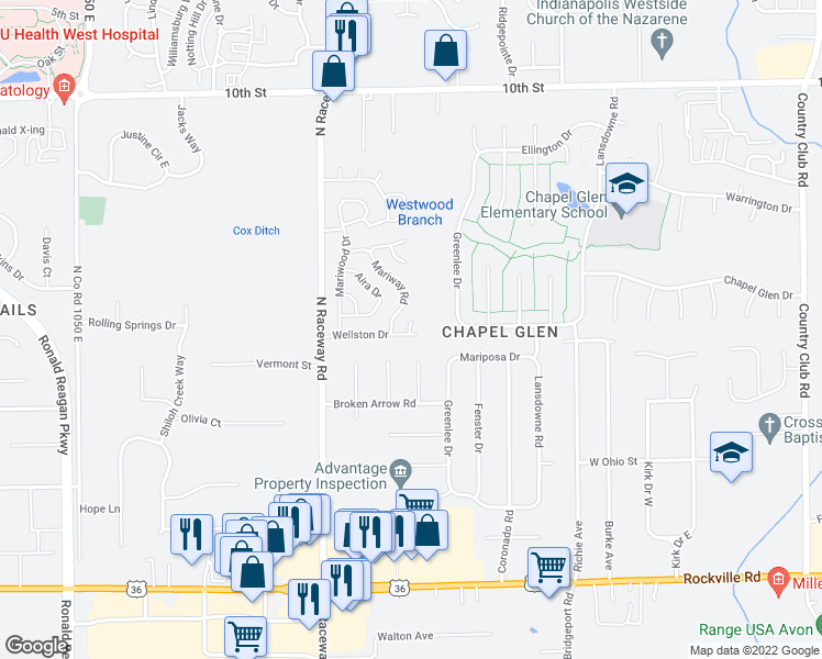 map of restaurants, bars, coffee shops, grocery stores, and more near 9189 Wellston Drive in Indianapolis