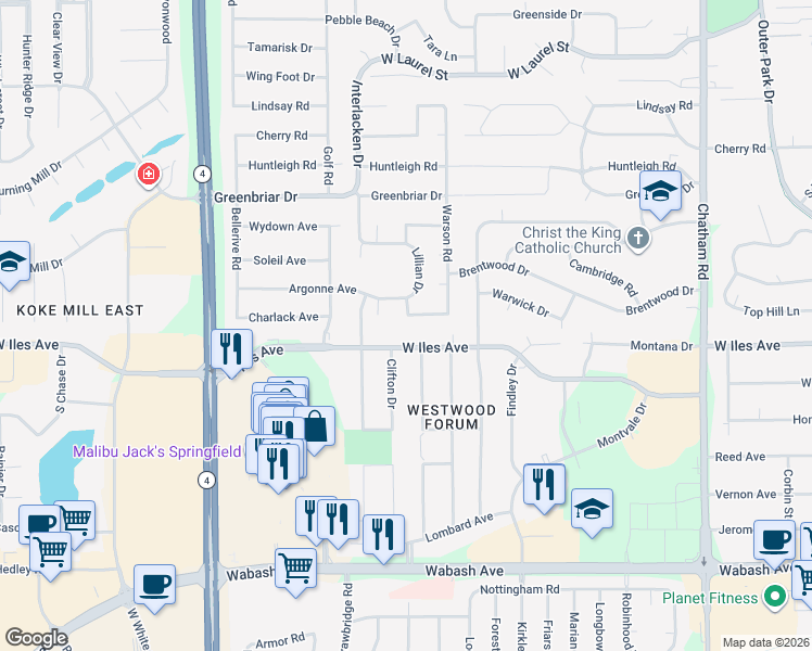 map of restaurants, bars, coffee shops, grocery stores, and more near 2301-2305 West Iles Avenue in Springfield