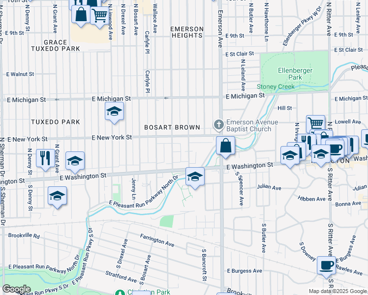 map of restaurants, bars, coffee shops, grocery stores, and more near 30 North Riley Avenue in Indianapolis