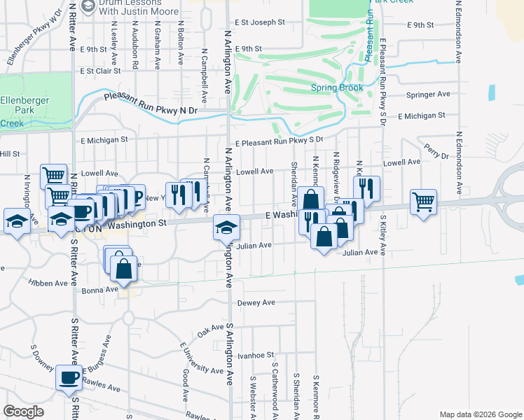 map of restaurants, bars, coffee shops, grocery stores, and more near in Indianapolis