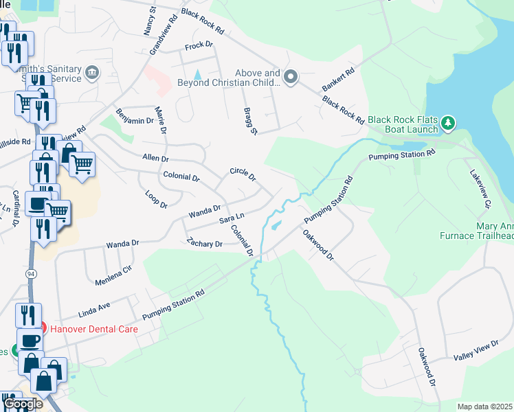 map of restaurants, bars, coffee shops, grocery stores, and more near 140 Sara Lane in Hanover