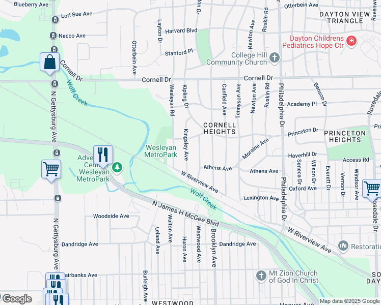 map of restaurants, bars, coffee shops, grocery stores, and more near 1315 Alcott Avenue in Dayton