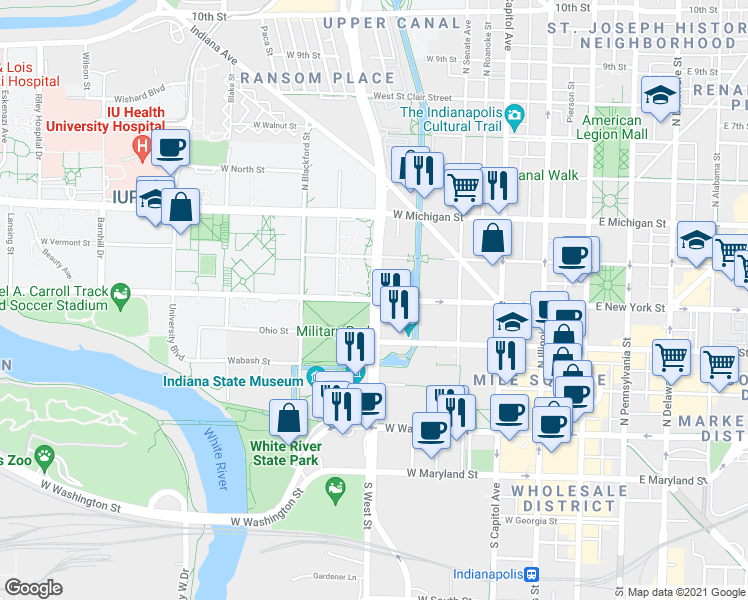 map of restaurants, bars, coffee shops, grocery stores, and more near W New York St & N West St in Indianapolis