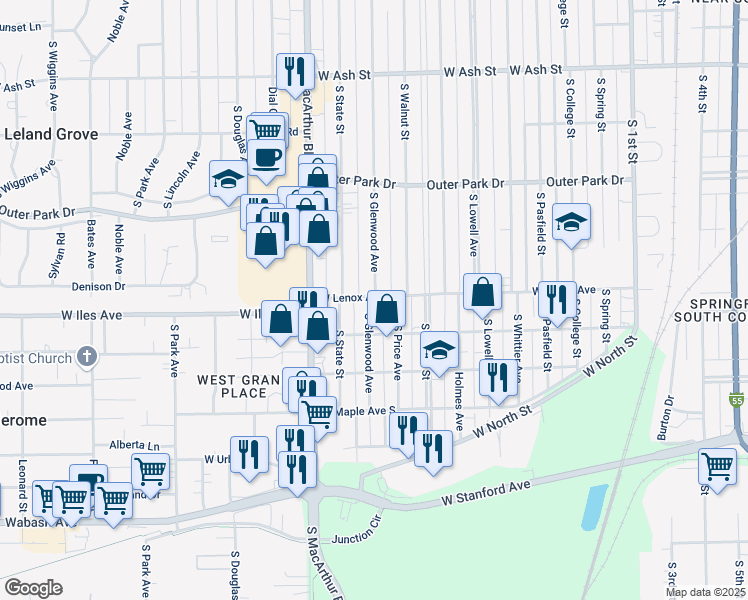map of restaurants, bars, coffee shops, grocery stores, and more near 760 West Lenox Avenue in Springfield