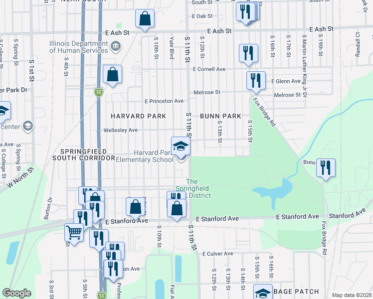 map of restaurants, bars, coffee shops, grocery stores, and more near 2501 South 11th Street in Springfield