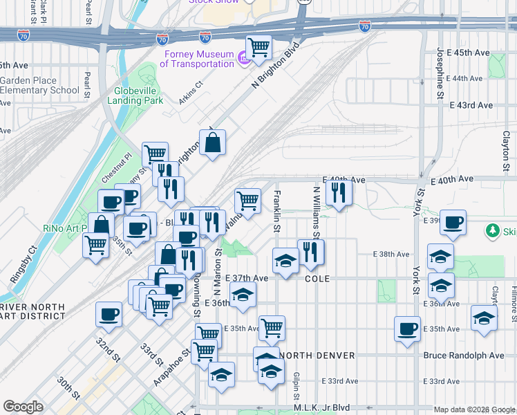 map of restaurants, bars, coffee shops, grocery stores, and more near 1350 40th Street in Denver