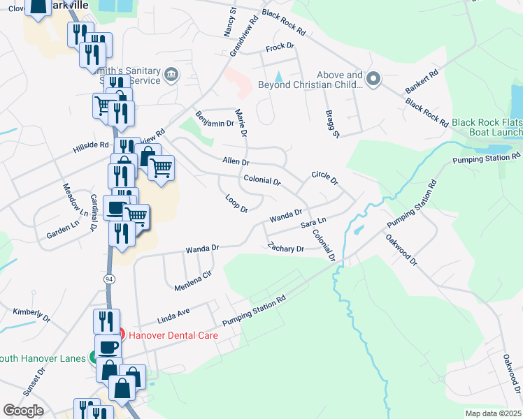 map of restaurants, bars, coffee shops, grocery stores, and more near 27 Loop Drive in Hanover