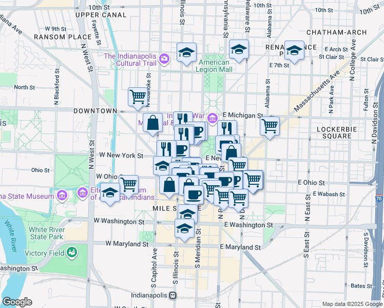 map of restaurants, bars, coffee shops, grocery stores, and more near 240 North Meridian Street in Indianapolis