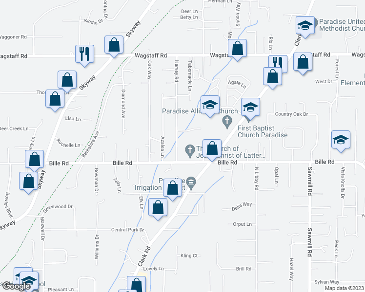map of restaurants, bars, coffee shops, grocery stores, and more near 6224 Harvey Road in Paradise