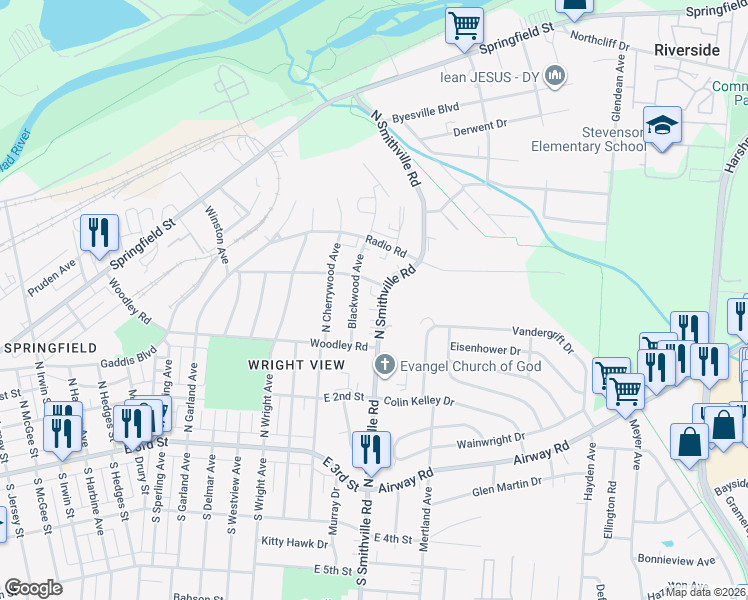 map of restaurants, bars, coffee shops, grocery stores, and more near 251 North Smithville Road in Dayton
