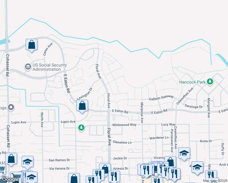 map of restaurants, bars, coffee shops, grocery stores, and more near 3224 Freshwater Creek in Chico