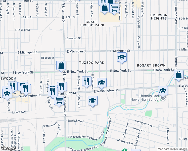 map of restaurants, bars, coffee shops, grocery stores, and more near 49 North Grant Avenue in Indianapolis
